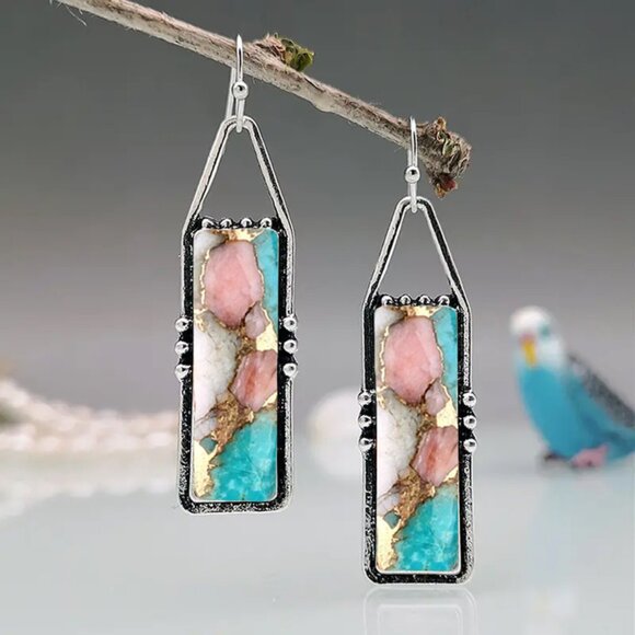 1pair Fashion Bohemian Earrings, Retro Rectangular Dangle Earrings - Picture 1 of 5